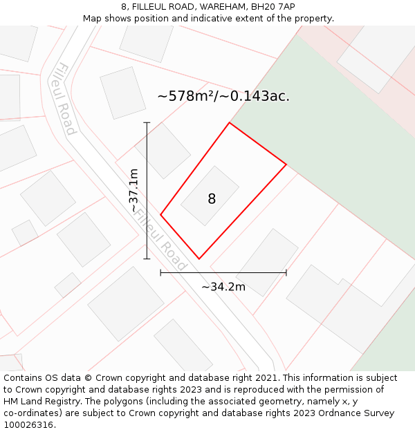 8, FILLEUL ROAD, WAREHAM, BH20 7AP: Plot and title map