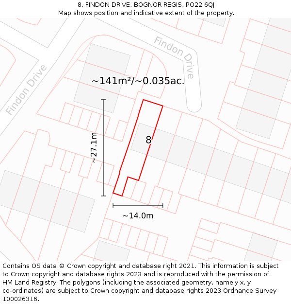 8, FINDON DRIVE, BOGNOR REGIS, PO22 6QJ: Plot and title map