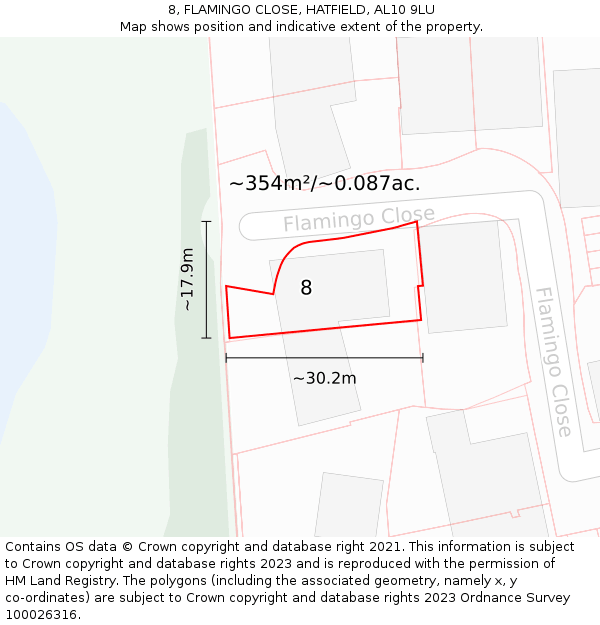 8, FLAMINGO CLOSE, HATFIELD, AL10 9LU: Plot and title map