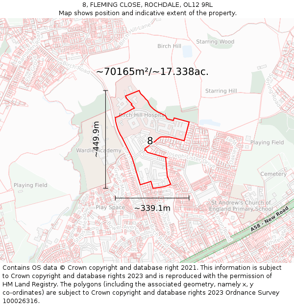 8, FLEMING CLOSE, ROCHDALE, OL12 9RL: Plot and title map