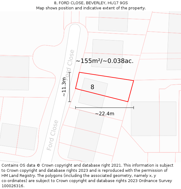8, FORD CLOSE, BEVERLEY, HU17 9GS: Plot and title map