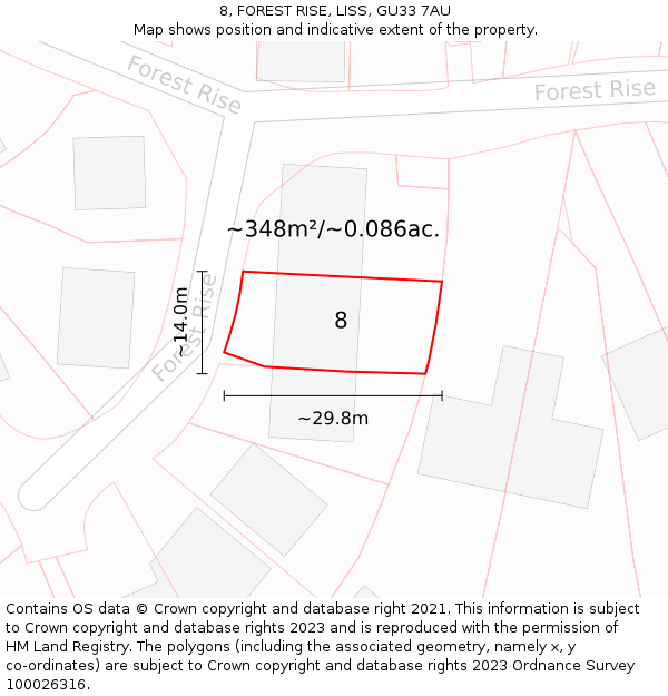 8, FOREST RISE, LISS, GU33 7AU: Plot and title map