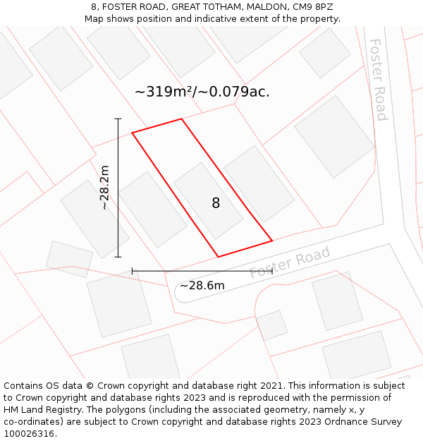 8, FOSTER ROAD, GREAT TOTHAM, MALDON, CM9 8PZ: Plot and title map