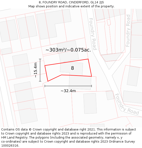 8, FOUNDRY ROAD, CINDERFORD, GL14 2JS: Plot and title map