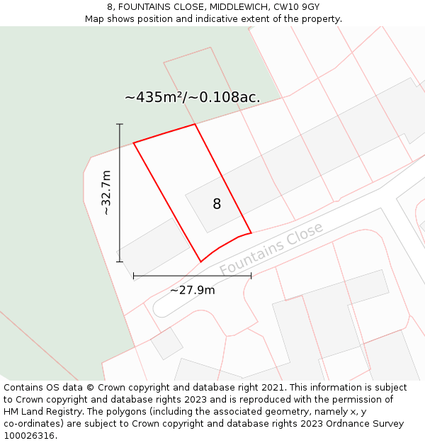 8, FOUNTAINS CLOSE, MIDDLEWICH, CW10 9GY: Plot and title map