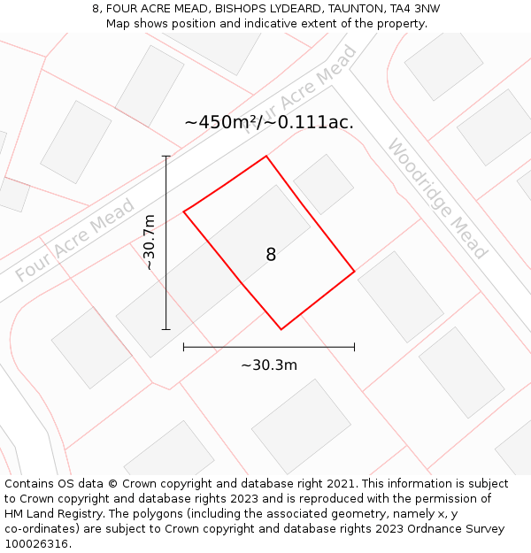 8, FOUR ACRE MEAD, BISHOPS LYDEARD, TAUNTON, TA4 3NW: Plot and title map