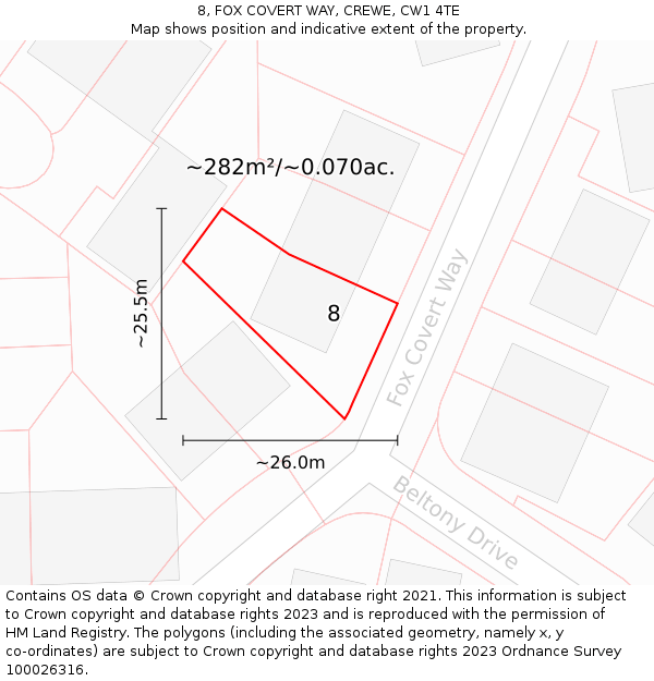 8, FOX COVERT WAY, CREWE, CW1 4TE: Plot and title map