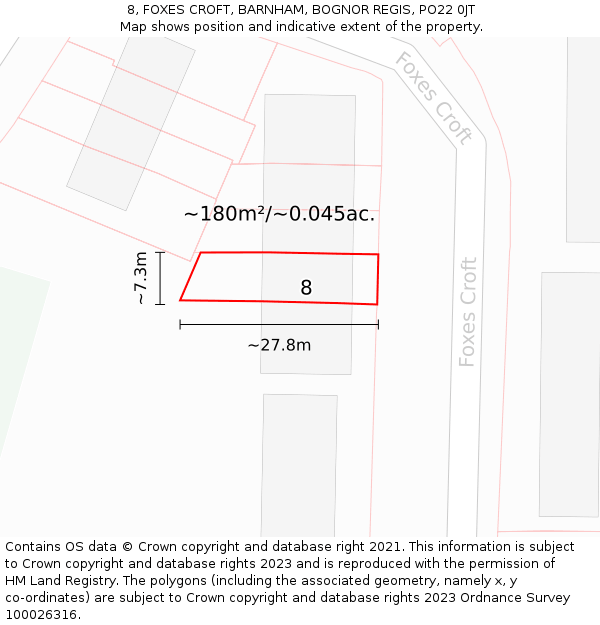 8, FOXES CROFT, BARNHAM, BOGNOR REGIS, PO22 0JT: Plot and title map