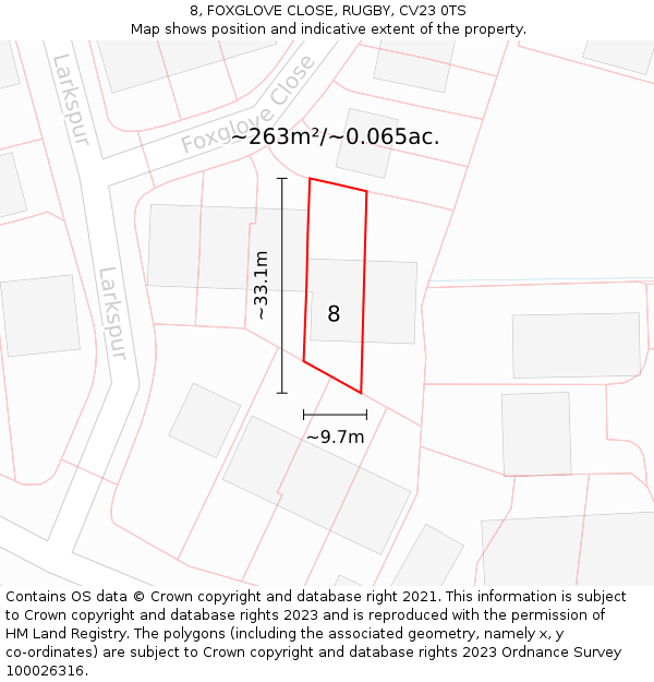 8, FOXGLOVE CLOSE, RUGBY, CV23 0TS: Plot and title map