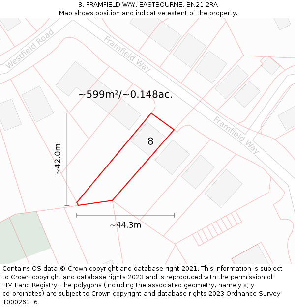 8, FRAMFIELD WAY, EASTBOURNE, BN21 2RA: Plot and title map