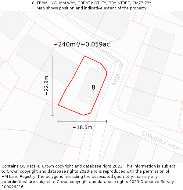 8, FRAMLINGHAM WAY, GREAT NOTLEY, BRAINTREE, CM77 7YY: Plot and title map