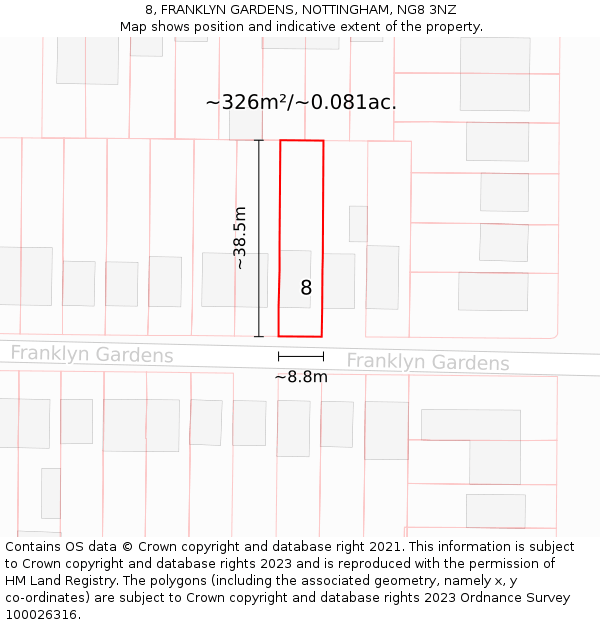 8, FRANKLYN GARDENS, NOTTINGHAM, NG8 3NZ: Plot and title map