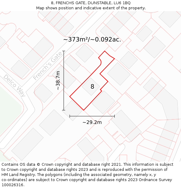 8, FRENCHS GATE, DUNSTABLE, LU6 1BQ: Plot and title map