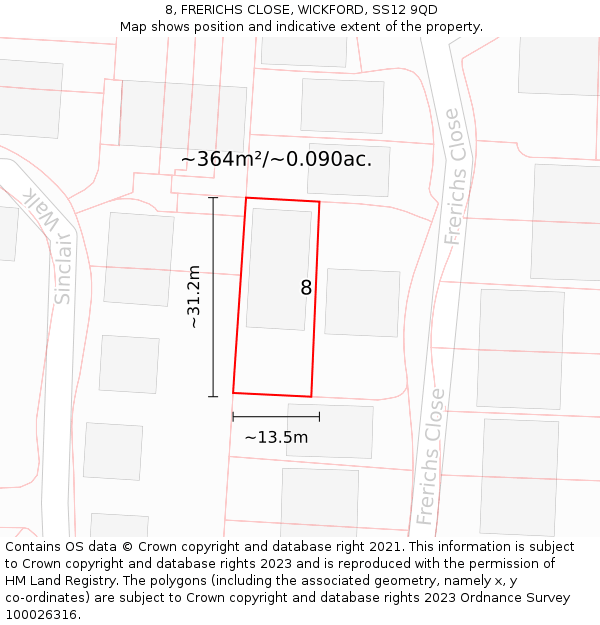 8, FRERICHS CLOSE, WICKFORD, SS12 9QD: Plot and title map