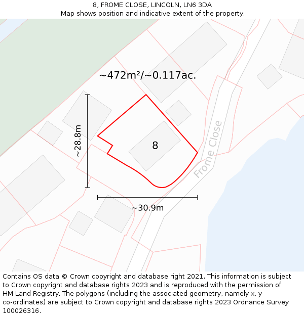 8, FROME CLOSE, LINCOLN, LN6 3DA: Plot and title map