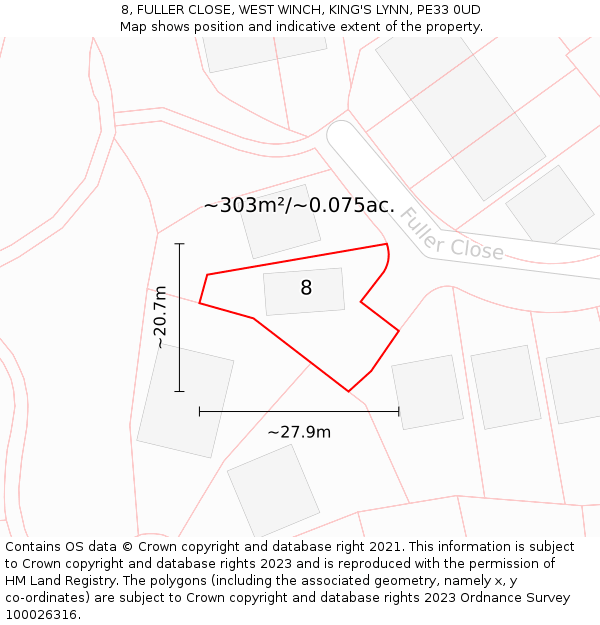 8, FULLER CLOSE, WEST WINCH, KING'S LYNN, PE33 0UD: Plot and title map