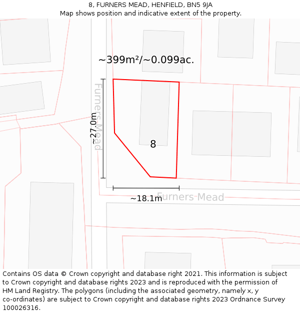 8, FURNERS MEAD, HENFIELD, BN5 9JA: Plot and title map