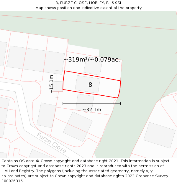 8, FURZE CLOSE, HORLEY, RH6 9SL: Plot and title map