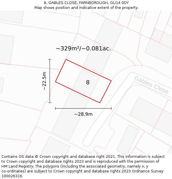 8, GABLES CLOSE, FARNBOROUGH, GU14 0DY: Plot and title map