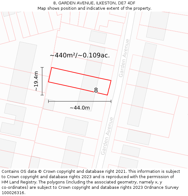 8, GARDEN AVENUE, ILKESTON, DE7 4DF: Plot and title map