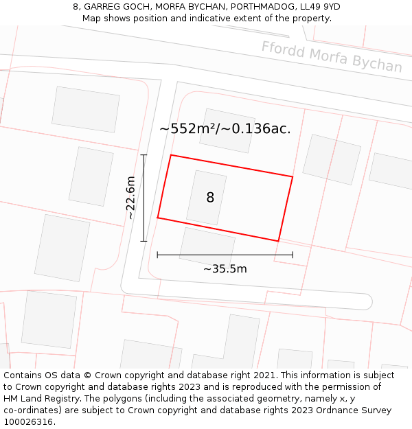 8, GARREG GOCH, MORFA BYCHAN, PORTHMADOG, LL49 9YD: Plot and title map