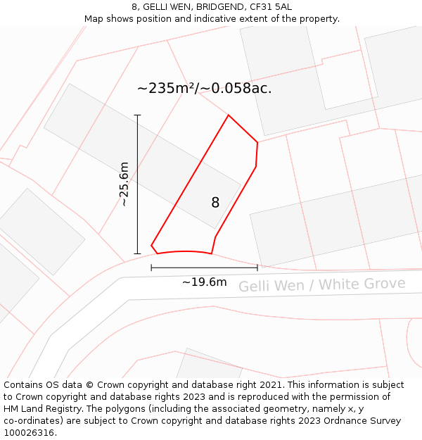 8, GELLI WEN, BRIDGEND, CF31 5AL: Plot and title map