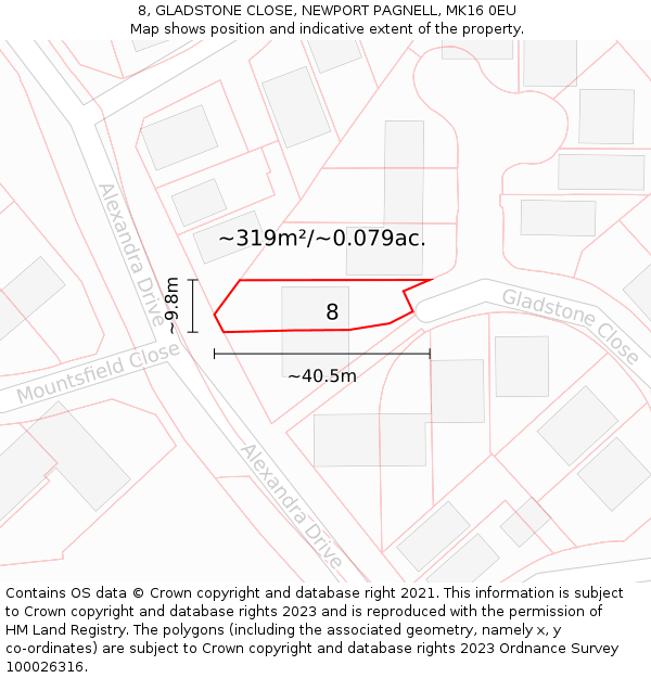 8, GLADSTONE CLOSE, NEWPORT PAGNELL, MK16 0EU: Plot and title map