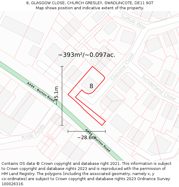 8, GLASGOW CLOSE, CHURCH GRESLEY, SWADLINCOTE, DE11 9GT: Plot and title map