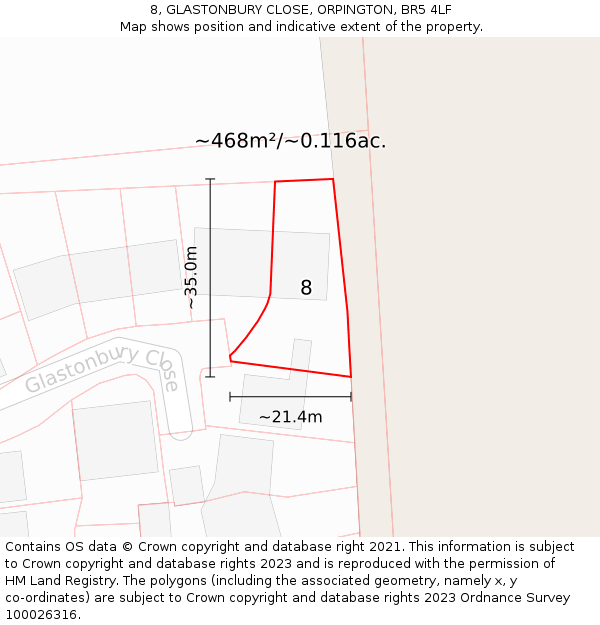 8, GLASTONBURY CLOSE, ORPINGTON, BR5 4LF: Plot and title map