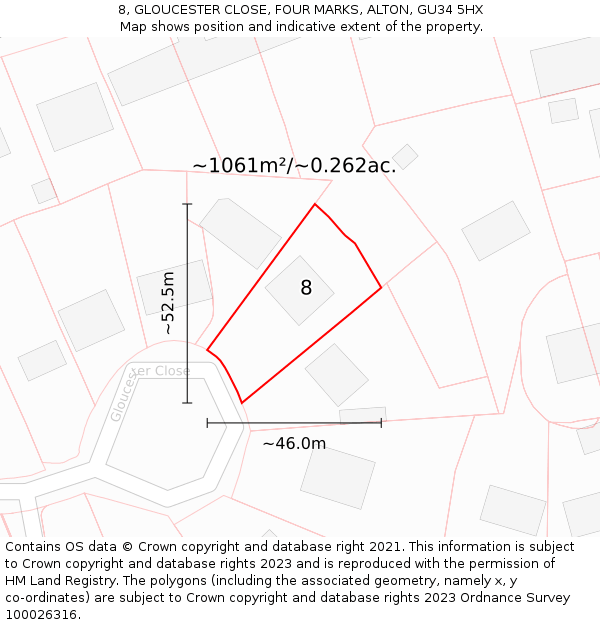 8, GLOUCESTER CLOSE, FOUR MARKS, ALTON, GU34 5HX: Plot and title map