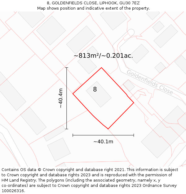 8, GOLDENFIELDS CLOSE, LIPHOOK, GU30 7EZ: Plot and title map