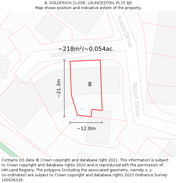 8, GOLDFINCH CLOSE, LAUNCESTON, PL15 9JX: Plot and title map