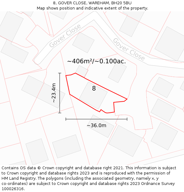 8, GOVER CLOSE, WAREHAM, BH20 5BU: Plot and title map