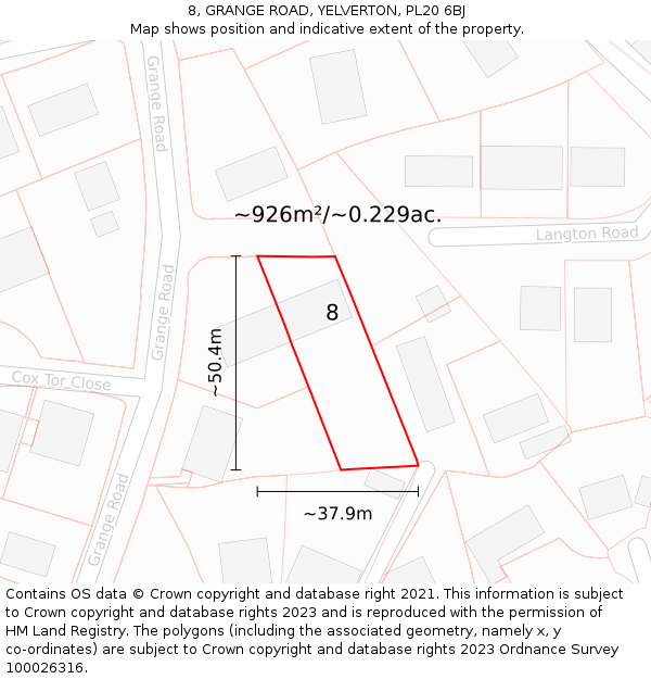 8, GRANGE ROAD, YELVERTON, PL20 6BJ: Plot and title map