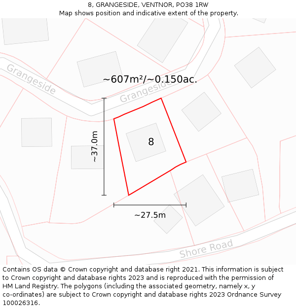8, GRANGESIDE, VENTNOR, PO38 1RW: Plot and title map