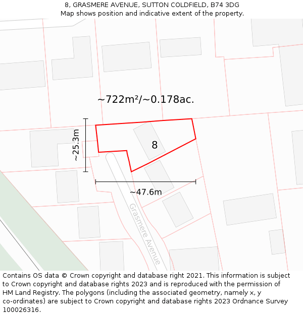 8, GRASMERE AVENUE, SUTTON COLDFIELD, B74 3DG: Plot and title map