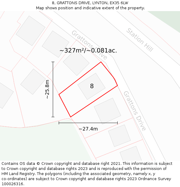 8, GRATTONS DRIVE, LYNTON, EX35 6LW: Plot and title map