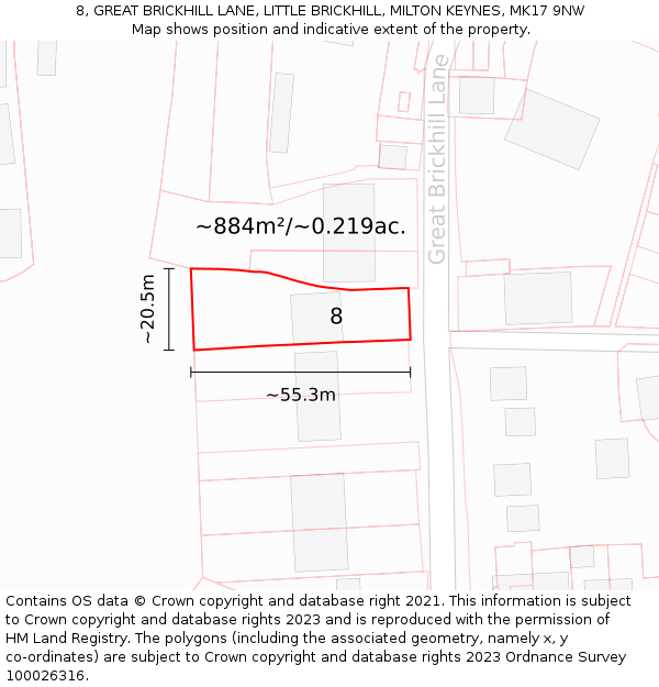 8, GREAT BRICKHILL LANE, LITTLE BRICKHILL, MILTON KEYNES, MK17 9NW: Plot and title map