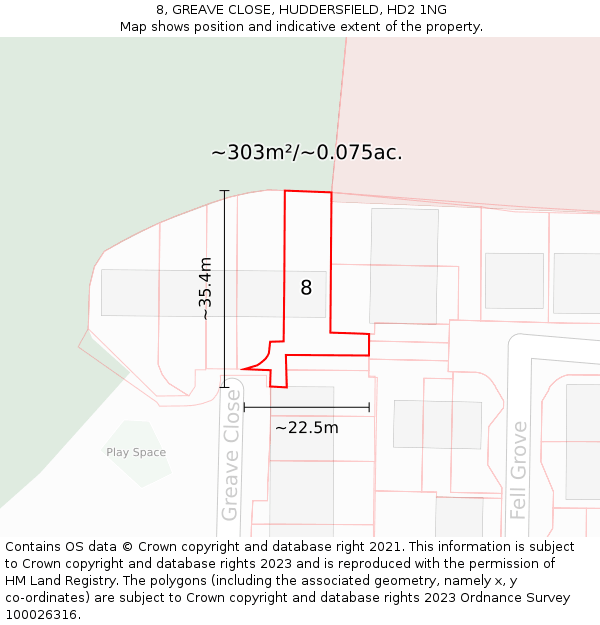 8, GREAVE CLOSE, HUDDERSFIELD, HD2 1NG: Plot and title map