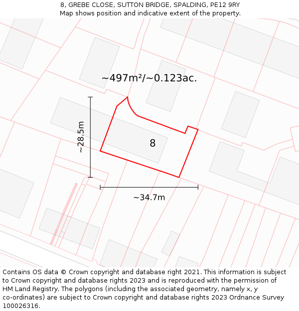 8, GREBE CLOSE, SUTTON BRIDGE, SPALDING, PE12 9RY: Plot and title map