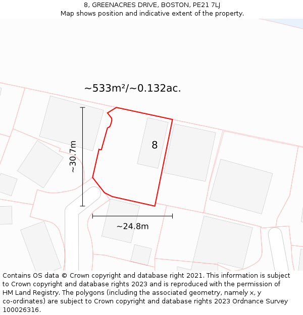 8, GREENACRES DRIVE, BOSTON, PE21 7LJ: Plot and title map