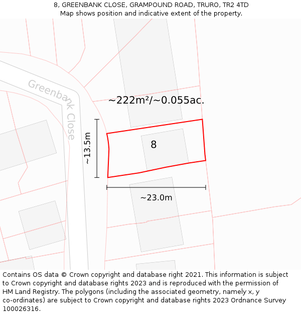 8, GREENBANK CLOSE, GRAMPOUND ROAD, TRURO, TR2 4TD: Plot and title map