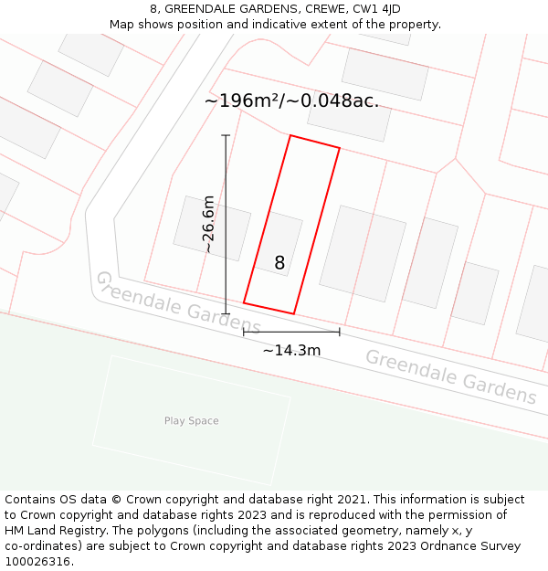 8, GREENDALE GARDENS, CREWE, CW1 4JD: Plot and title map