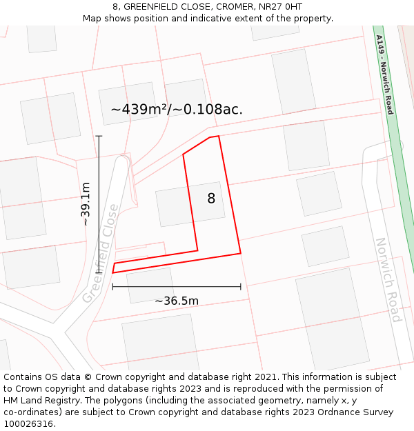 8, GREENFIELD CLOSE, CROMER, NR27 0HT: Plot and title map