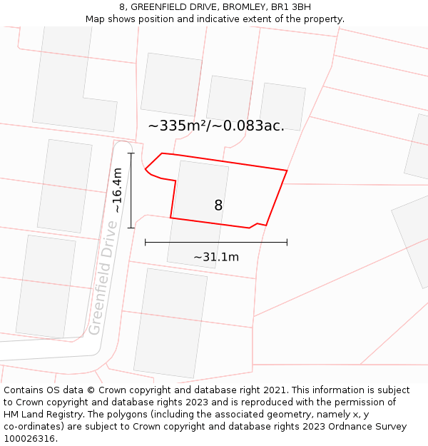 8, GREENFIELD DRIVE, BROMLEY, BR1 3BH: Plot and title map
