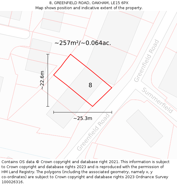 8, GREENFIELD ROAD, OAKHAM, LE15 6PX: Plot and title map