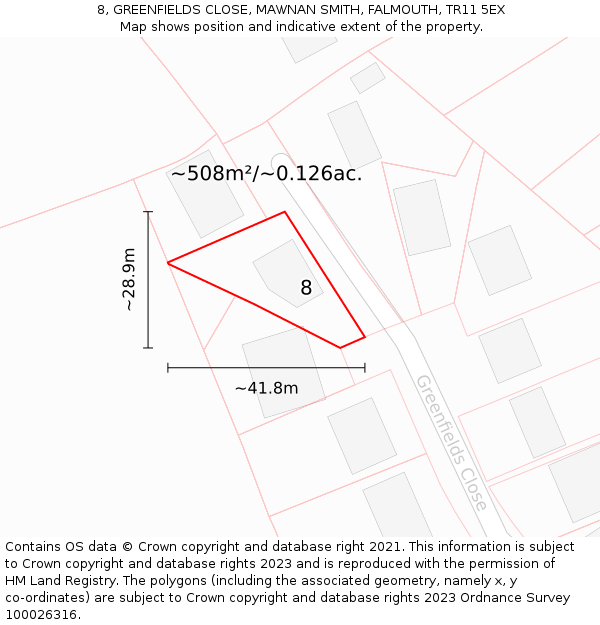 8, GREENFIELDS CLOSE, MAWNAN SMITH, FALMOUTH, TR11 5EX: Plot and title map