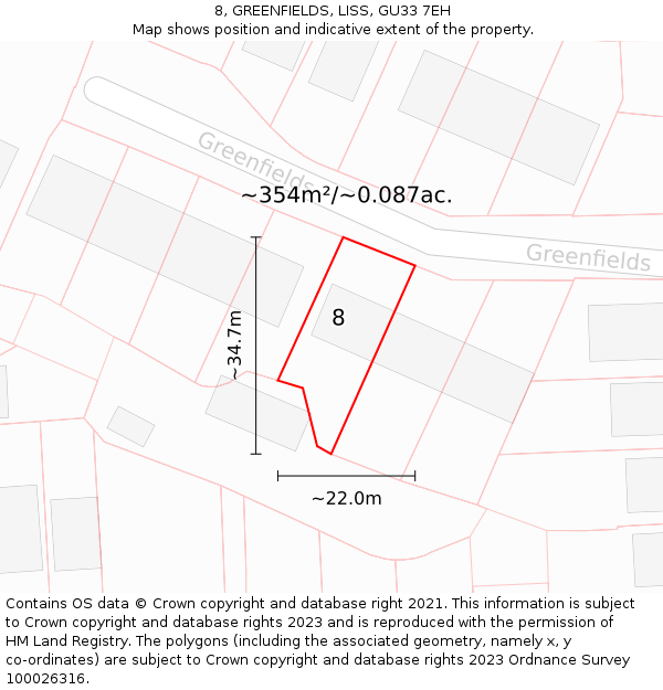 8, GREENFIELDS, LISS, GU33 7EH: Plot and title map