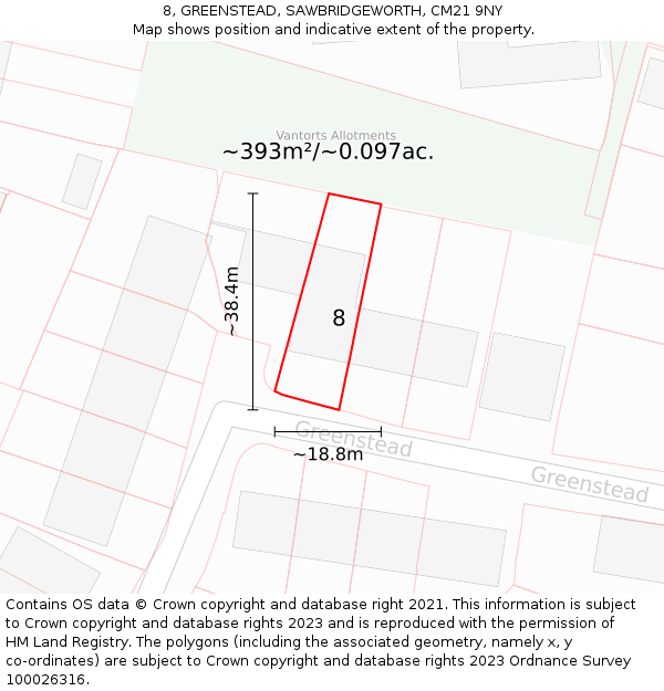 8, GREENSTEAD, SAWBRIDGEWORTH, CM21 9NY: Plot and title map