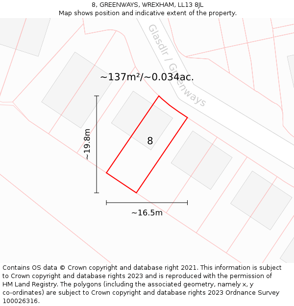 8, GREENWAYS, WREXHAM, LL13 8JL: Plot and title map